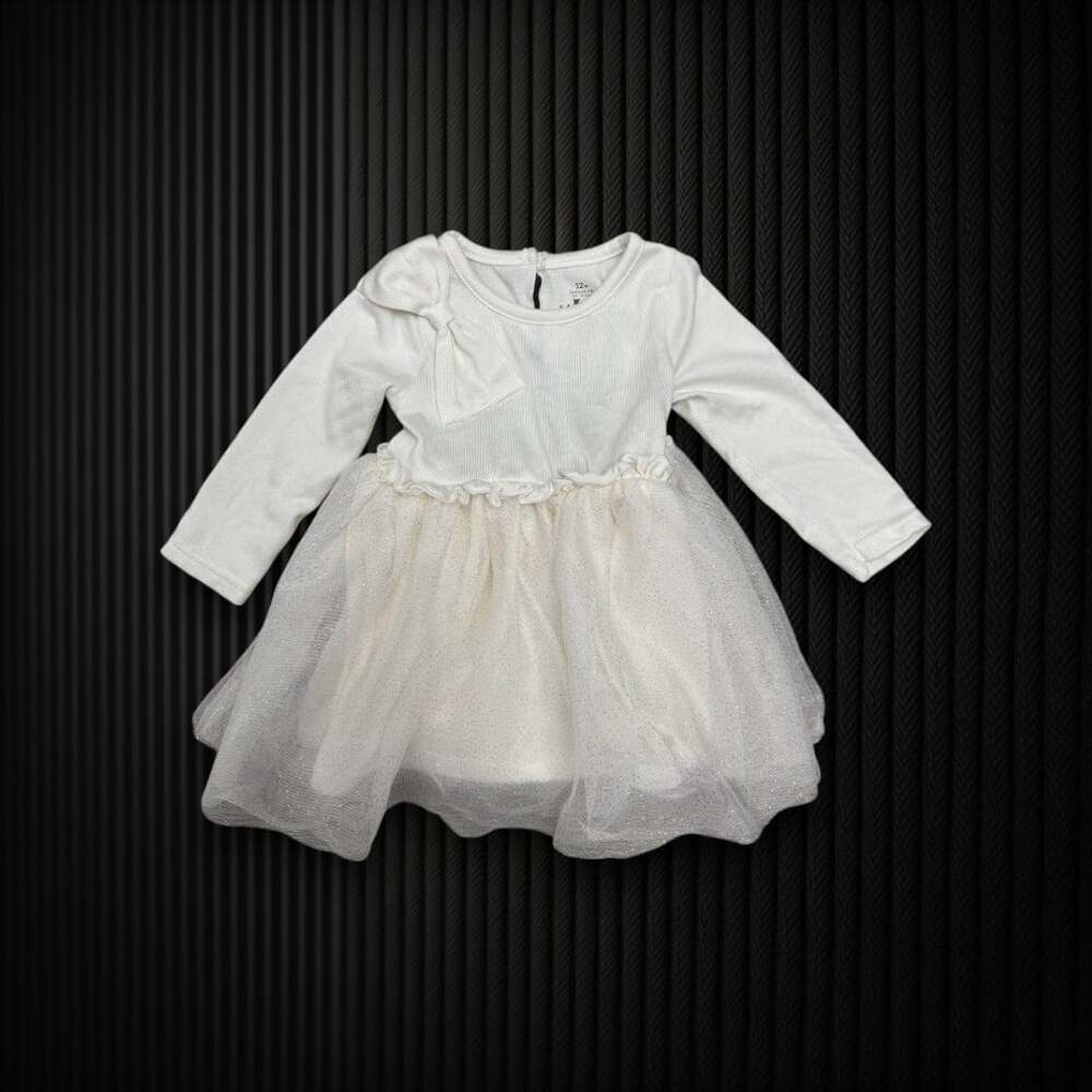 Baby Girls Ivory Glitter Tulle Tutu Dress Bow Long Sleeve 12 Months